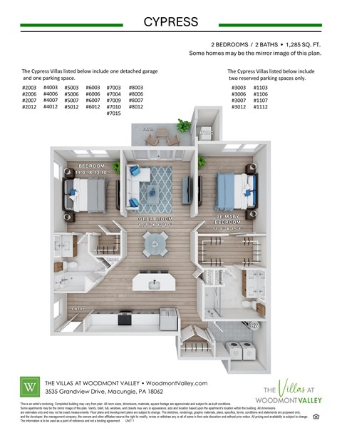 Floor plan for 2 beds, 2 baths, 1285 sqft